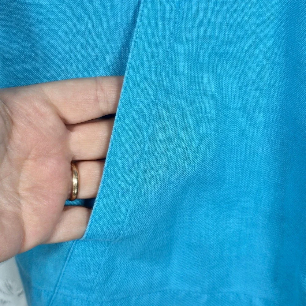 J Jill Petite‎ Linen Hooded Button Front Jacket Woman Small Blue Lightweight